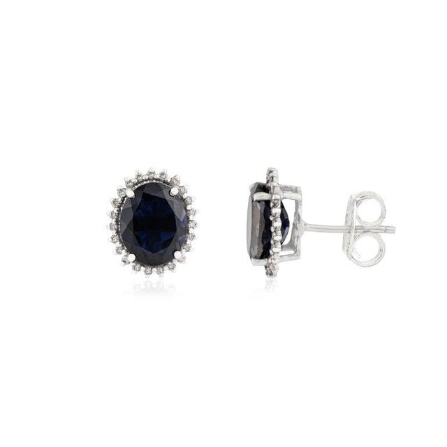 Purple 4 Carat Blue Iolite Gemstone Diamond Halo Stud Earrings in Silver- 2 Pieces For Sale - Image 8 of 12