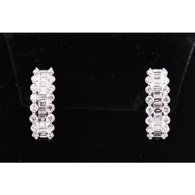 Diamond White Gold Hoop Huggie Earrings with Round and Baguette Daimonds - 2 Pieces For Sale - Image 11 of 11