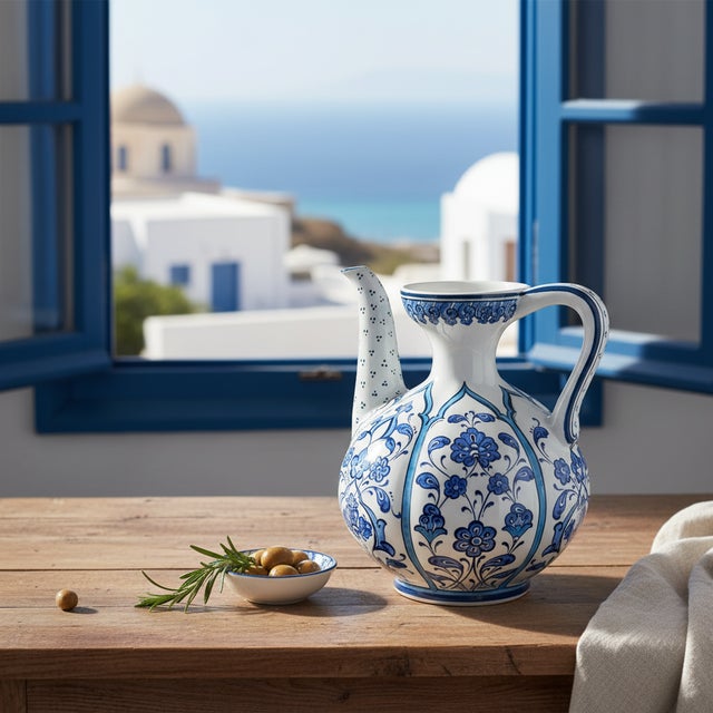 Handmade Ceramic Ewer (20cm) – Blue and White Panel Pattern – Traditional Ibrik Form For Sale - Image 9 of 13