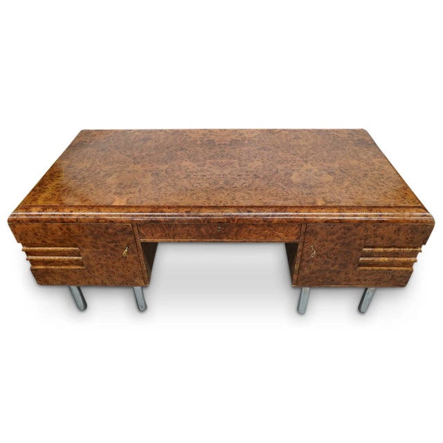 1930s Large Art Deco Desk Amboyna Writing Desk Chrome Legs For Sale - Image 4 of 15