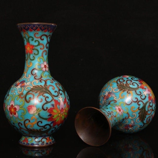 Late 19th Century Pair of Turquoise Cloisonné Enamel Lotus Vases For Sale - Image 4 of 9