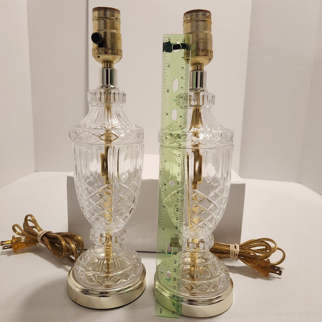 Glass Mid 20th Century Hollywood Regency Small Cut Crystal Glass & Brass Buffet Lamps - A Pair For Sale - Image 7 of 7