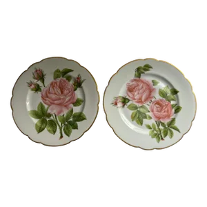 Vintage Mid 20th Century Hand Painted Pink Cottage Roses Porcelain Plates - a Pair