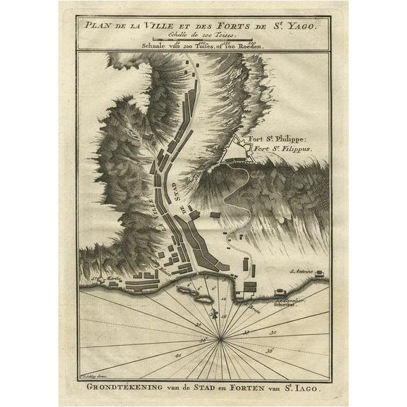 Antique Plan of the Forts and Town of St. Yago in the Cape Verde Islands, 1747 For Sale