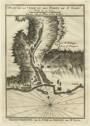 Antique Plan of the Forts and Town of St. Yago in the Cape Verde Islands, 1747