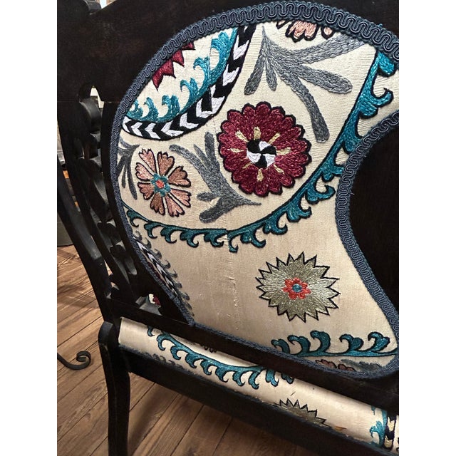 Wood Antique Victorian Style Carved Mahogany Loveseat With Suzani Textile Upholstery For Sale - Image 7 of 18