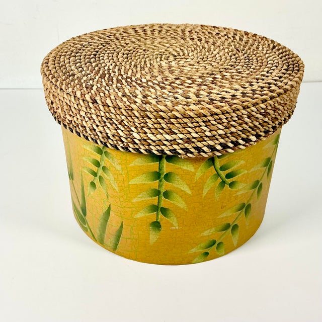 Boho Chic 1990s Vintage Coastal Boho Chic Wicker Lidded Bamboo Leaf Motif Storage Box, Small For Sale - Image 3 of 9