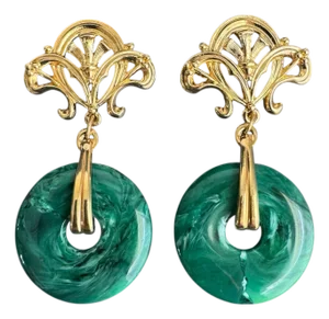 Vintage Faux Malachite Earrings Gold Tone Drop Dangle 90s Statement Maximalist Jewelry