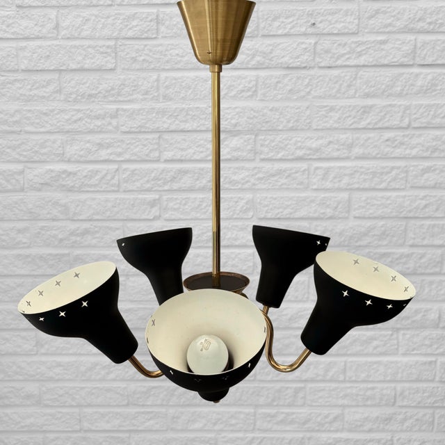Scandinavian Modernist Five Arms Chandelier in Steel and Brass, Sweden, 1950s For Sale - Image 6 of 13