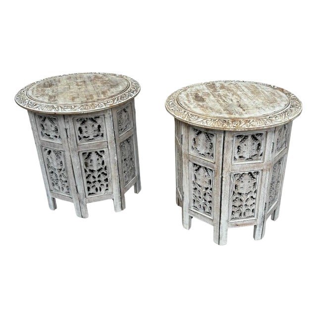 Pair Anglo Indian Carved And Painted Round Side Tables For Sale
