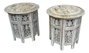 Pair Anglo Indian Carved And Painted Round Side Tables