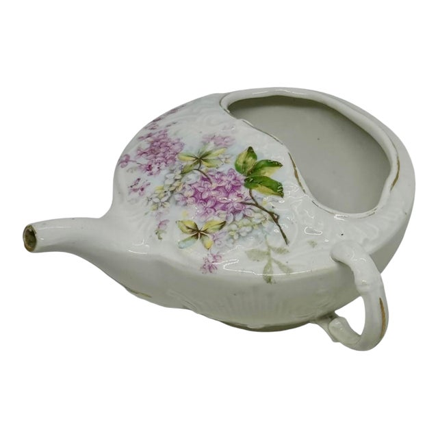 Antique Victorian Porcelain Invalid Feeder With Floral Design and Gold Gilt Accents For Sale