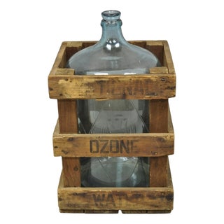 Vintage Great Bear Blue 5 Gallon Glass Carboy Jug in Wooden Crate For Sale