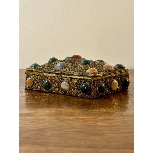 Mid-Century Modern Antique Tibetan Filigree Jewelry Box, Agate Stone Brass Trinket Box For Sale - Image 3 of 7