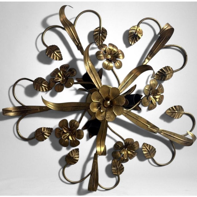 Metal Vintage Italian Florentine Style Gilt Wrought Iron Flush Mount Ceiling Light For Sale - Image 7 of 18