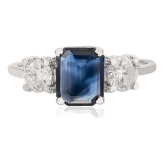 Vintage Inspired Diamond Sapphire Trilogy Ring Size 5 for Her in 14k Gold For Sale