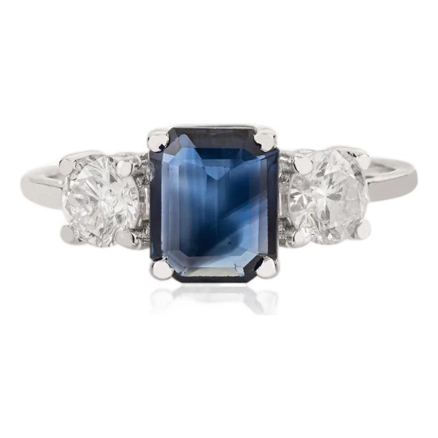 Vintage Inspired Diamond Sapphire Trilogy Ring Size 5 for Her in 14k Gold For Sale