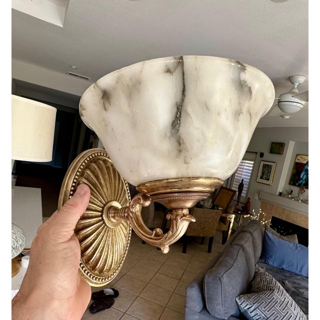 Pair Brass Alabaster Sunburst Wall Sconces For Sale - Image 14 of 18