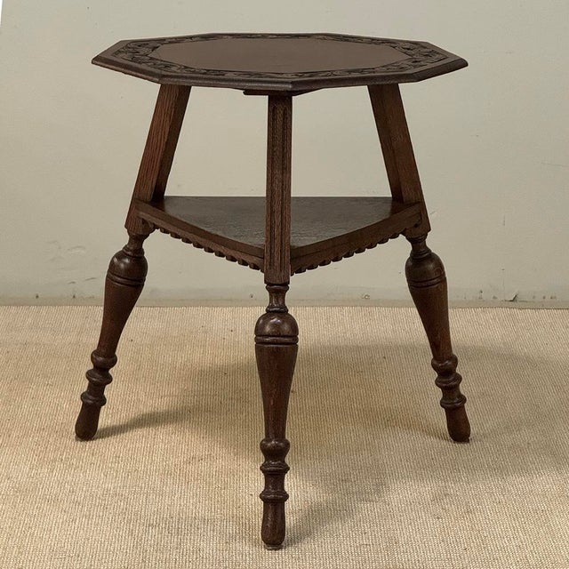 Early 20th Century Antique English Nine Sided Carved Oak Spool Leg Occasional Table For Sale - Image 5 of 17