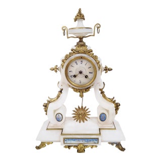 French 19th C Belle Epoque Gilt Bronze Enamel & Alabaster Mantle Clock For Sale