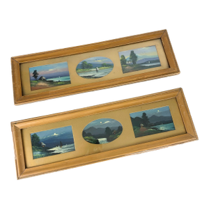 Vintage Mid Century Modern Asian Triptych Painting Night Day Scene Boat Nautical