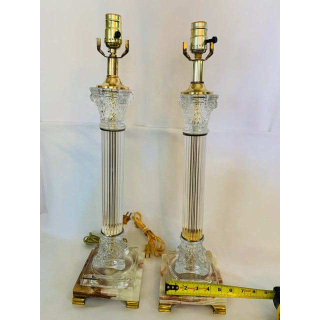 Transparent Mid 20th Century Corinthian Column-Style Marble, Glass & Brass Table Lamps - a Pair For Sale - Image 8 of 13