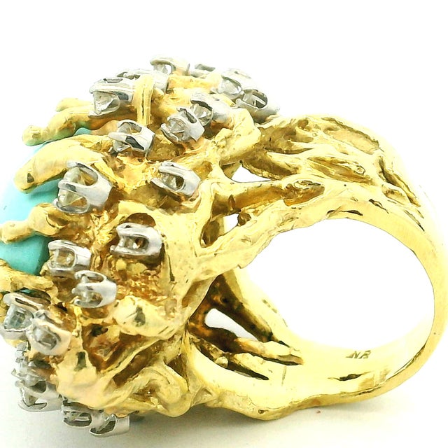 1960s 18k Gold Turquoise and Diamond Freeform Cocktail Ring, Size 7.5 For Sale - Image 12 of 17