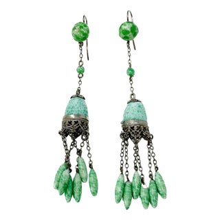 Art Deco Green Glass Beaded Tassel Earrings, 1920s, Set of 2 For Sale