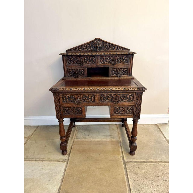 Antique Victorian Carved Oak Writing Desk, 1880s For Sale - Image 6 of 7
