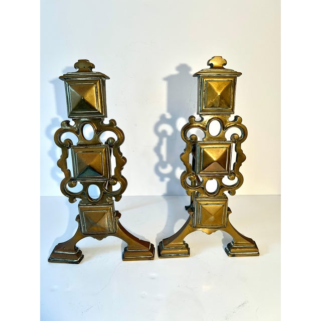 Pair Brass Geometric Andirons For Sale - Image 9 of 9