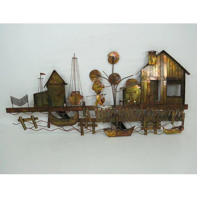 Vintage Curtis Jere Style Torch Cut Copper Wall Sculpture of a Boat Dock Scene For Sale - Image 9 of 9
