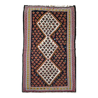 Vintage Persian Senneh Kilim, Flat-Woven Wool Rug, Paisley Pattern, Ivory & Black, 3x6 For Sale