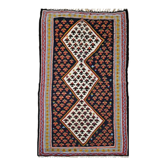 Vintage Persian Senneh Kilim, Flat-Woven Wool Rug, Paisley Pattern, Ivory & Black, 3x6 For Sale