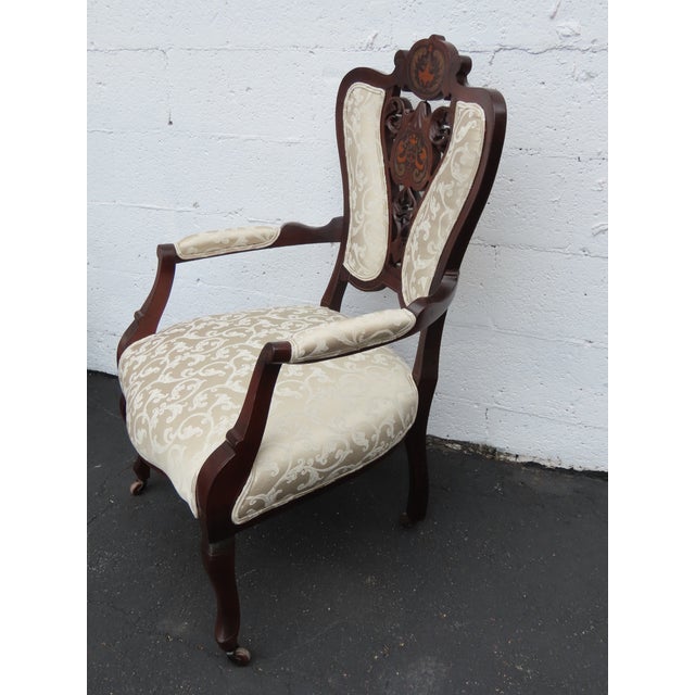 Victorian Late 1880s Carved Inlay Side Chairs a Pair 6643 For Sale - Image 14 of 17