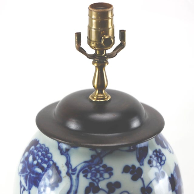 Mid *19th Century Chinese Celadon, Blue & White Porcelain Lamp With Birds and Flowers For Sale In New York - Image 6 of 9