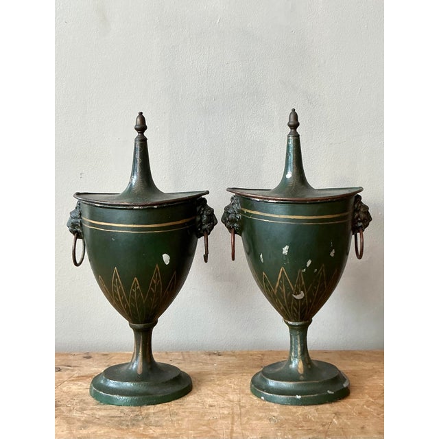 Mid 20th Century Vintage Boho Patinated French Tole Urns - A Pair For Sale - Image 5 of 8