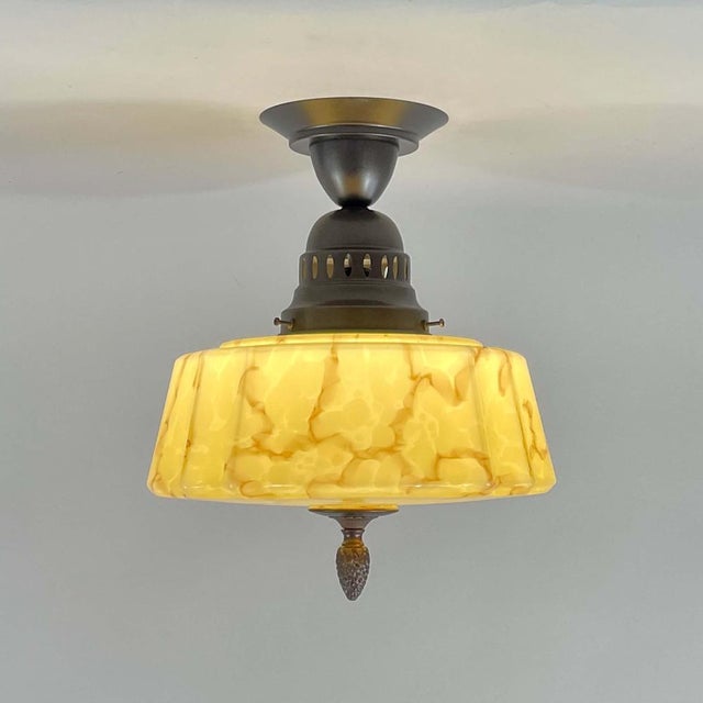 1920s Art Deco Flush Mount in Marbled Opaline Glass & Burnished Metal, Germany, 1920s For Sale - Image 5 of 18