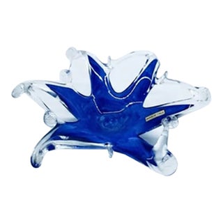 Vintage Murano-Style Hand-Pulled Blue and Clear Art Glass Dish For Sale