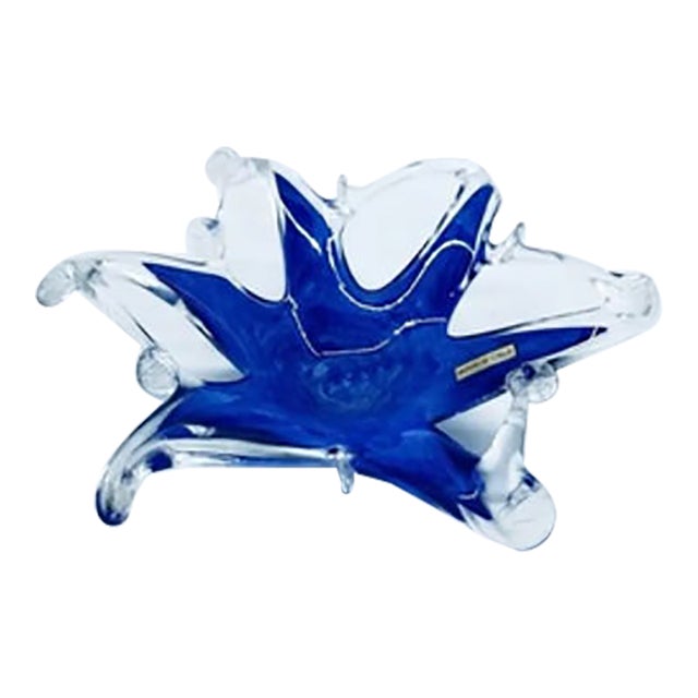Vintage Murano-Style Hand-Pulled Blue and Clear Art Glass Dish For Sale