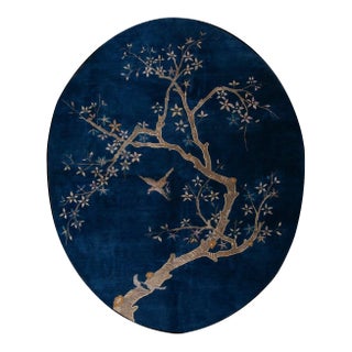 1920s Navy Blue Birds Flowers Art Deco Antique Oval Chinese Peking Wool Rug For Sale