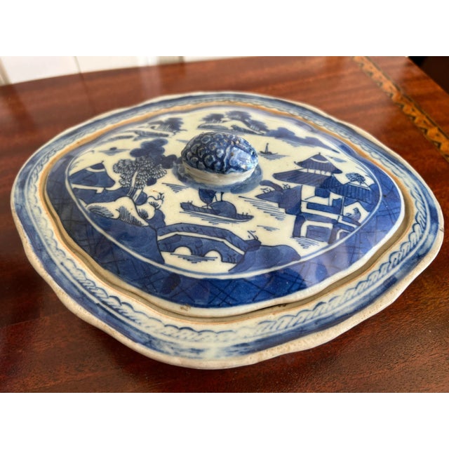 Chinese Antique Chinese Export-Style Canton Blue & White Covered Dishes- a Pair For Sale - Image 3 of 8