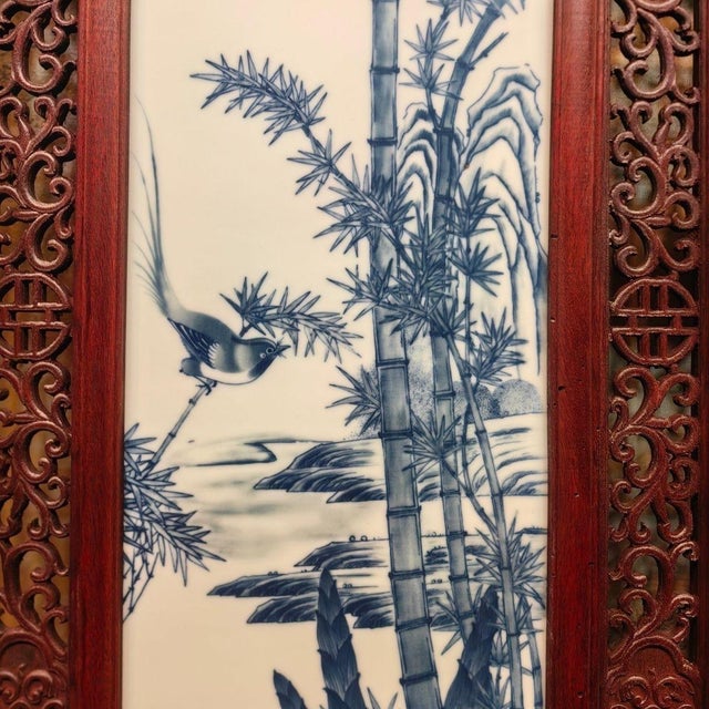 Vintage Chinese Rosewood & Blue-and-White Porcelain Four-Panel Floor Screen For Sale - Image 9 of 10