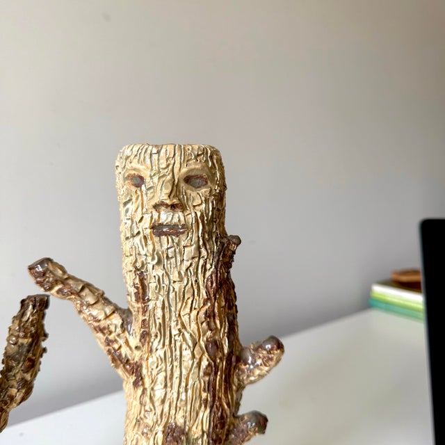 Vintage Pair of sculpture Face Tree Trunk Folk Art Pottery Candle Holders. Recovered from an artists estate in Asheville,...