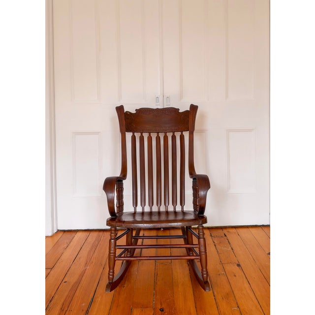 Victorian Victorian Pressback Oak Rocking Chair With Carved Crest & Turned Spindles For Sale - Image 3 of 6