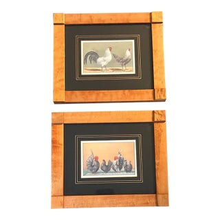 1980’s 2 Vintage Rooster & Hen Prints Finished Corner Maple Frames-a Pair For Sale