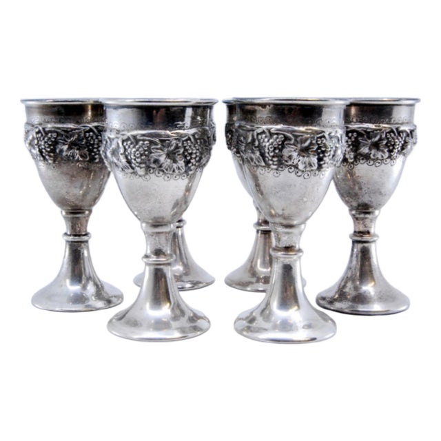 Silver Egg Cups with Grape Bunches and Vine Leaves Reliefs, Set of 6 For Sale