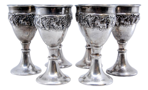 Silver Egg Cups with Grape Bunches and Vine Leaves Reliefs, Set of 6