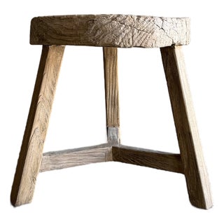 Vintage Elm Wood Wheel Side Table #A53 For Sale