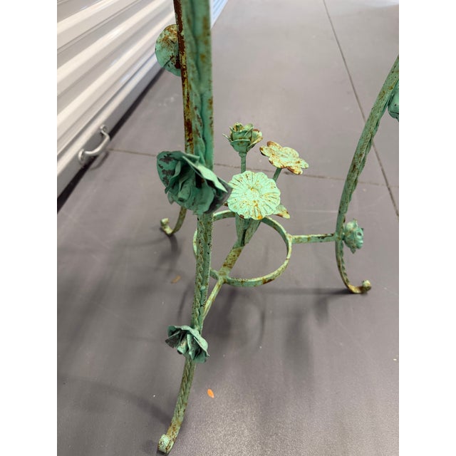1970s Large Verdigris Wrought Iron Standing Planters With Decorative Dangling Rose and Leaf Motif, a Pair For Sale - Image 10 of 12