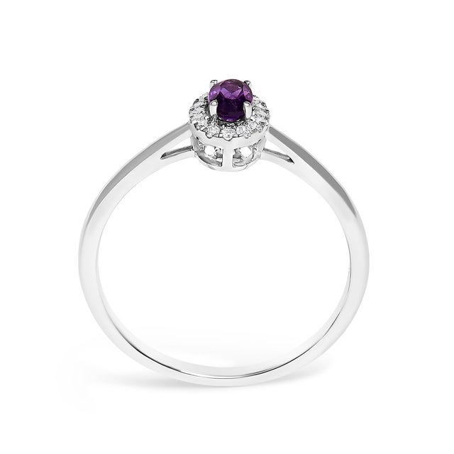 10K White Gold 5X3MM Oval Purple Amethyst and Diamond Accent Halo Ring (I-J Color, I1-I2 Clarity) - Ring Size 5.5 For Sale In New York - Image 6 of 7